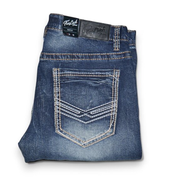 True Luck Bootcut Jeans Dark Wash Denim Men's Size 34x30 Thick Stitch BKE NWT - Picture 1 of 8
